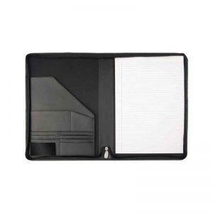 Black leather folders with zipper, notepad and pockets